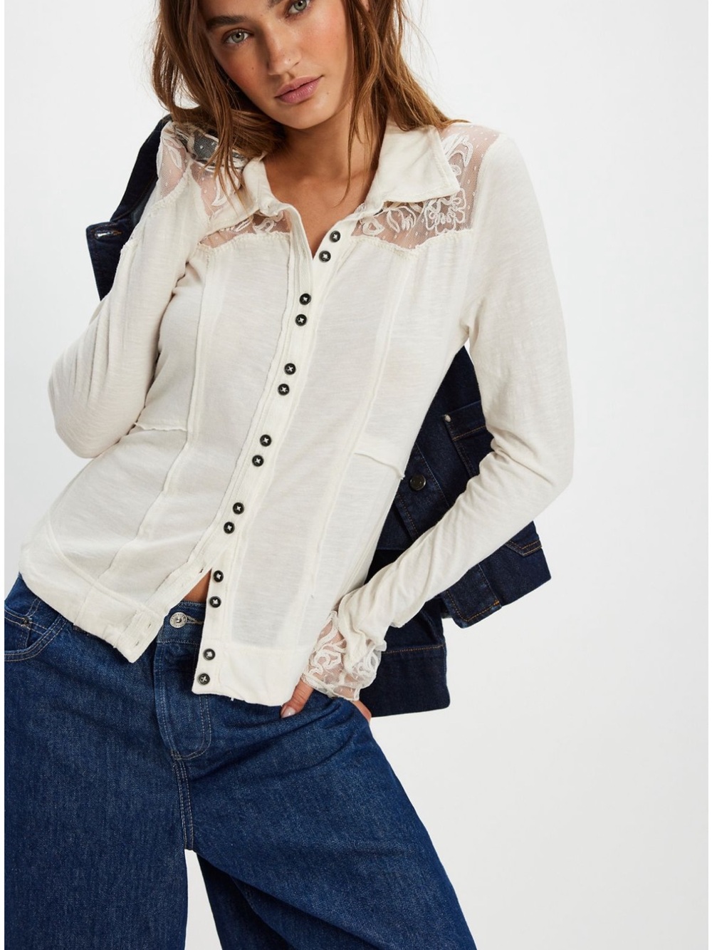 Free People Rosebud Cuff Sheer Lace Yoke Button-Front Blouse in Ivory - Picture 2 of 3